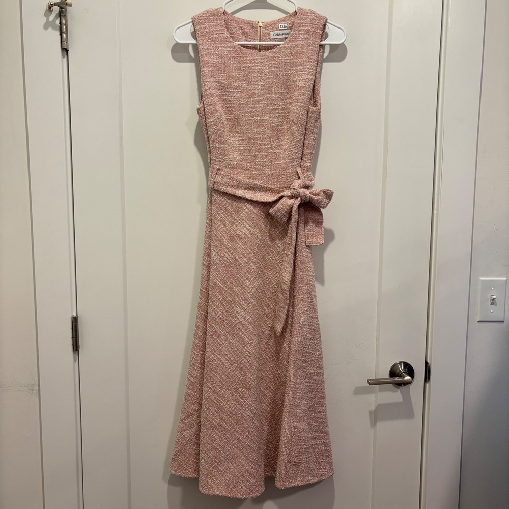 Calvin Klein Pink Tweed Sleeveless Tie Waist A-Line Midi Dress Size 6